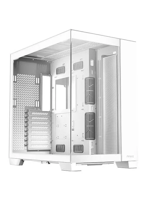 White full-tower case with seamless tempered glass front and side panels, dual-chamber steel frame