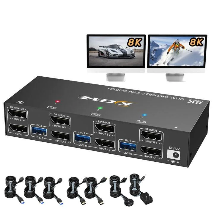 AUTYUE AUTYUE Dual Monitor DP KVM Switch 3 PC 2 Mon 8K30 4K144 USB3 Wired Remote — product photo