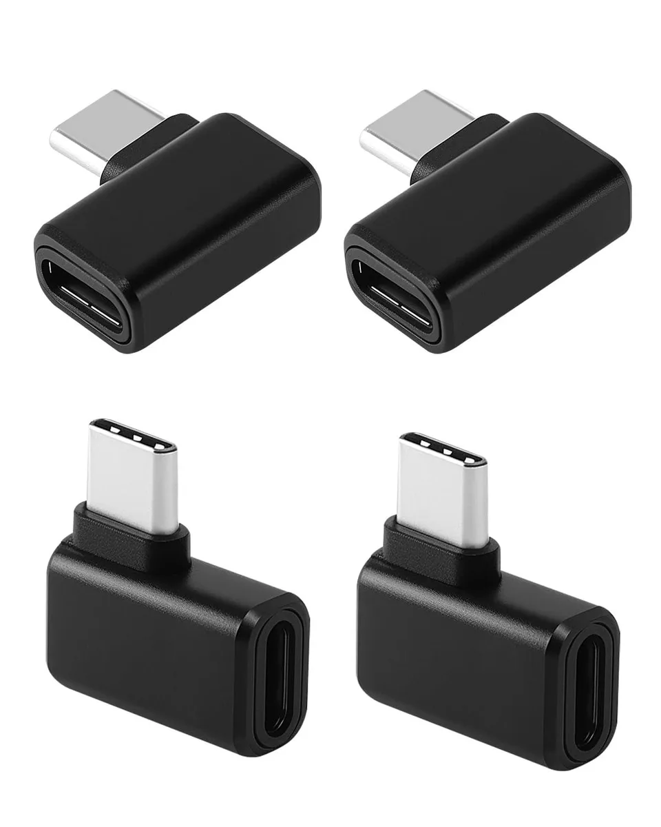 Four black right-angle USB-C adapters in a row