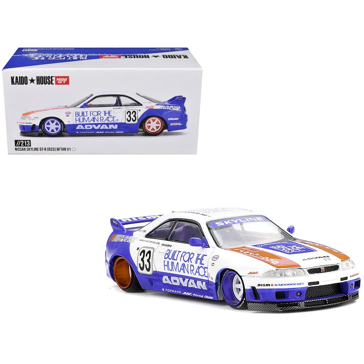 True True Nissan Skyline GT-R (R33) RHD #33 "BFTHR V1" Blue White Kaido House 1/64 Diecast Hobby Collectible — product photo