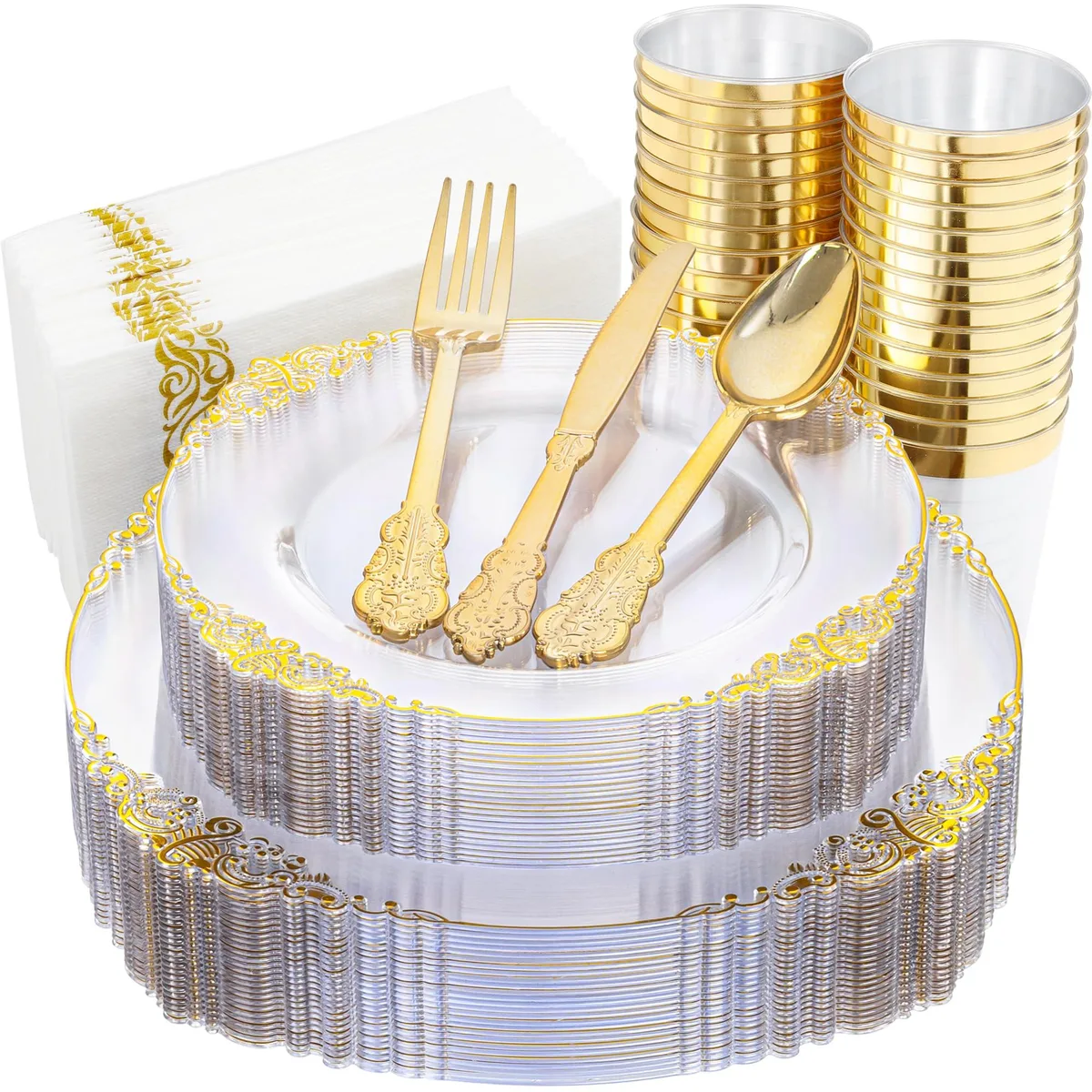  OXO Nervure 175PCS Clear Gold Plastic Plates Set EU 75 Silverware 25 Cups 25 Napkins — product photo