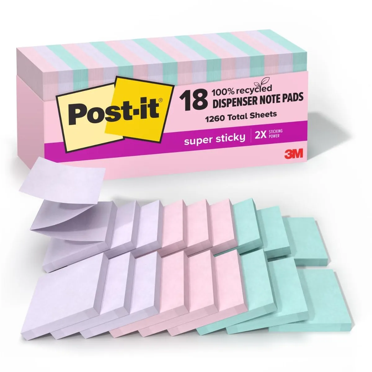 Eighteen square pads of recycled super sticky notes in fresh mint, pink salt and orchid frost colours