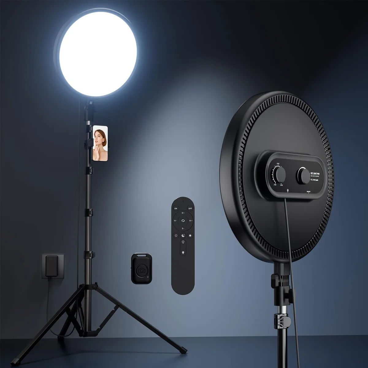 Large 72 inch ring light on aluminium tripod stand with phone holder