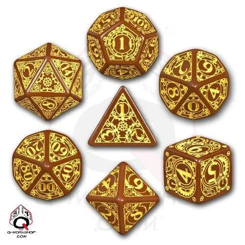 Q Workshop Q Workshop Polyhedral 7-Die Set Carved Steampunk Brown &amp; Yellow — product photo
