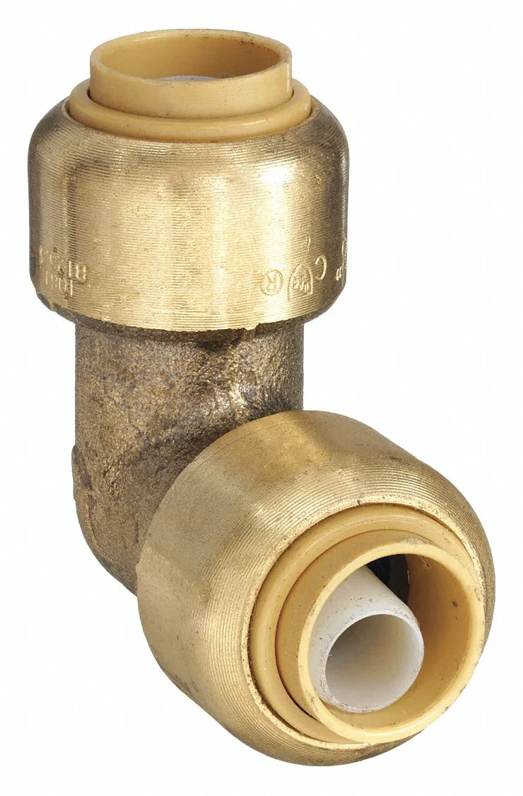 Brass push-fit elbow fitting 3/8 inch tube size 90 degree angle