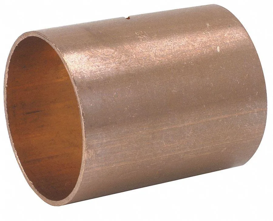 Straight copper coupling with centre dimple stop, 1/2 inch sweat ends, shiny metallic finish