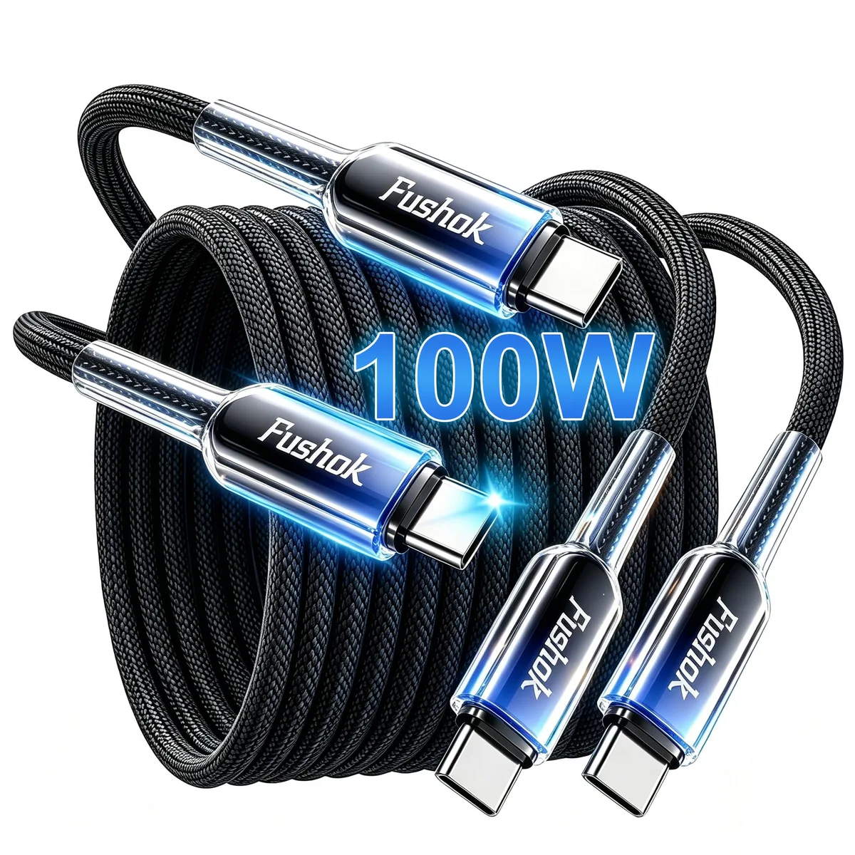 Two black nylon-braided USB-C cables coiled together