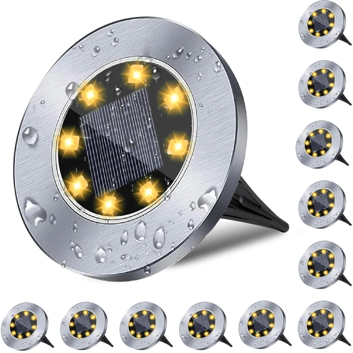 Two black 4.6 inch solar ground lights, flat disc shape, contemporary finish