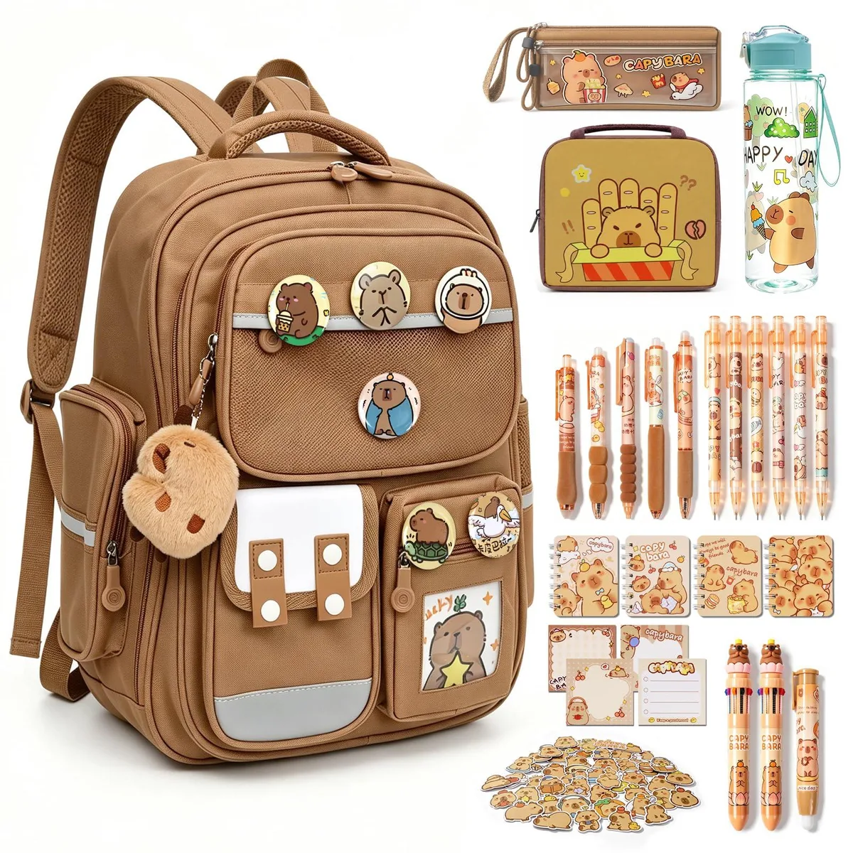 Beige 17 inch polyester backpack set with matching lunch bag pencil case water bottle pens notebooks stickers and keychain