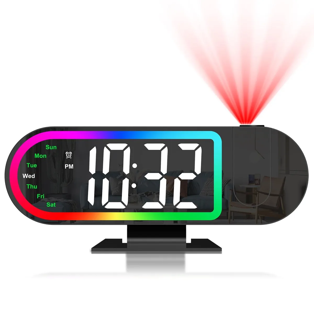 Oval digital clock with rotatable projector and ambient light ring