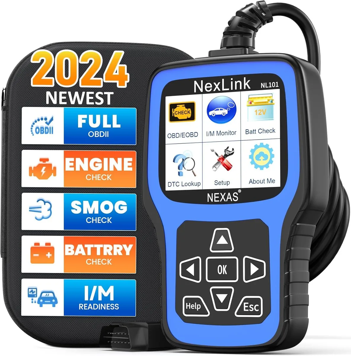 Handheld OBD2 scanner with 2.4-inch color screen and 16-pin connector, includes waterproof case