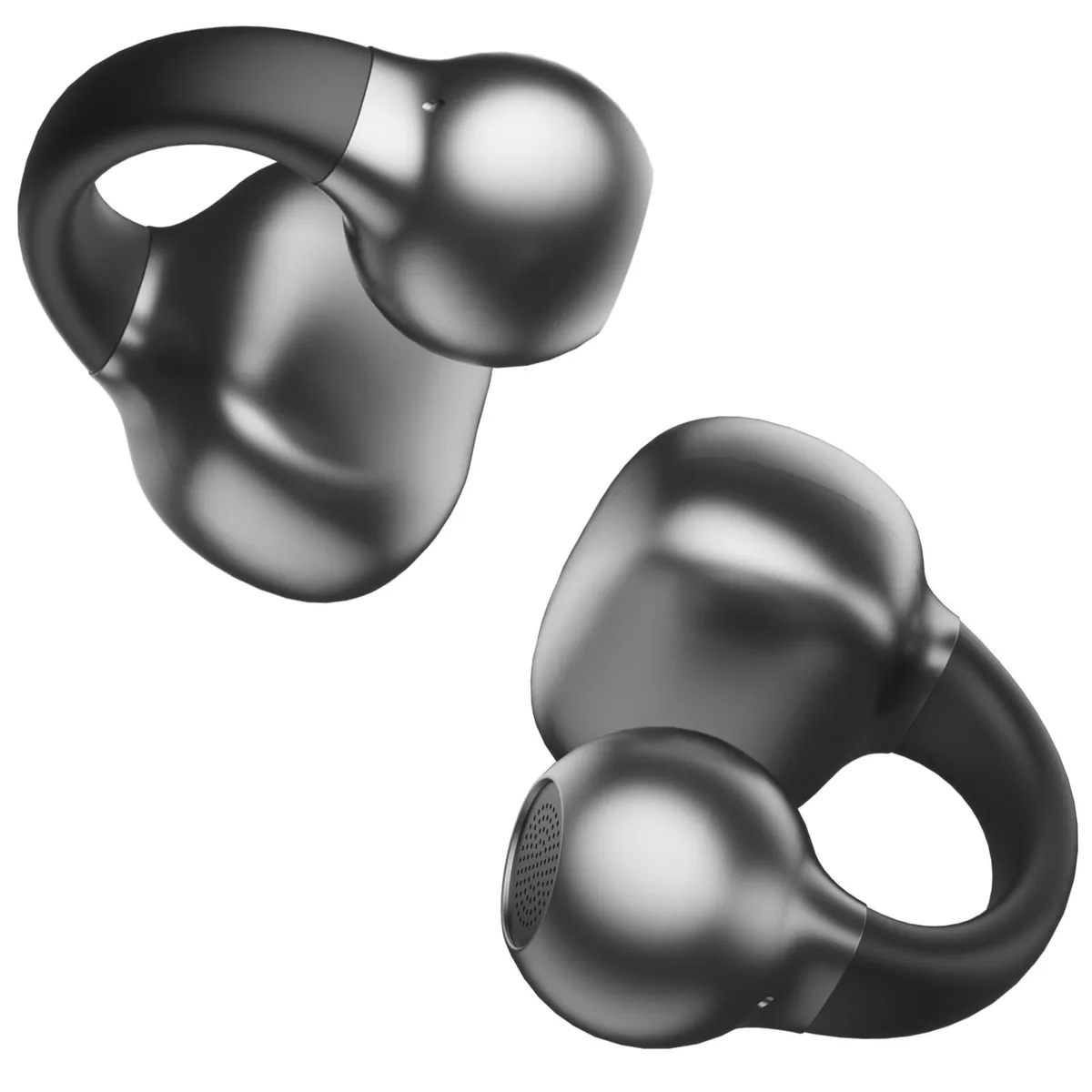 Black open-ear clip-on earbuds with wireless charging case