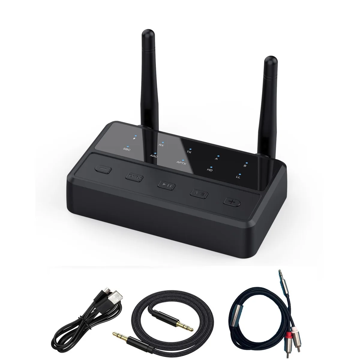 Black rectangular Bluetooth 5.4 audio adapter with RCA ports