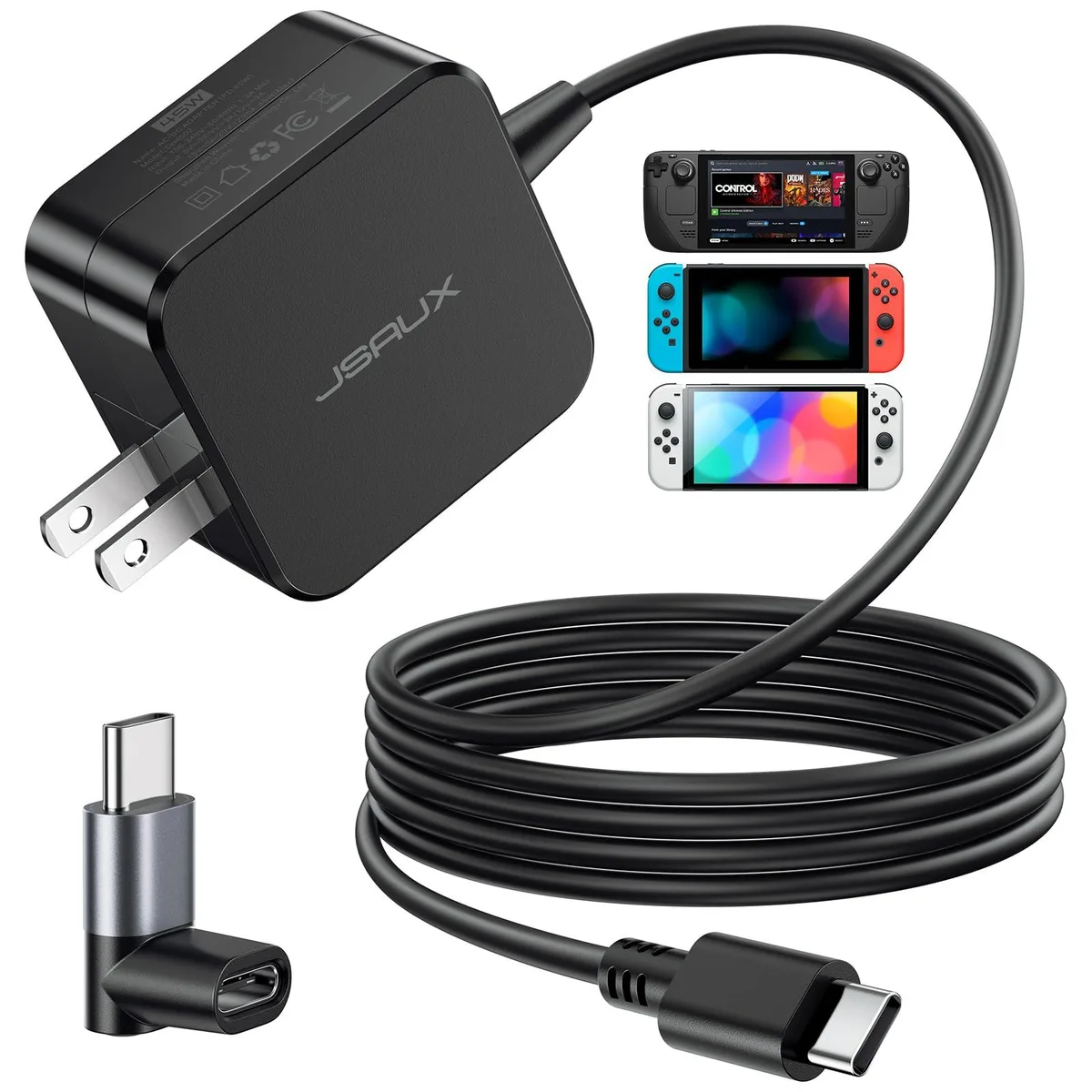 Compact white USB-C wall charger with integrated five-foot cable