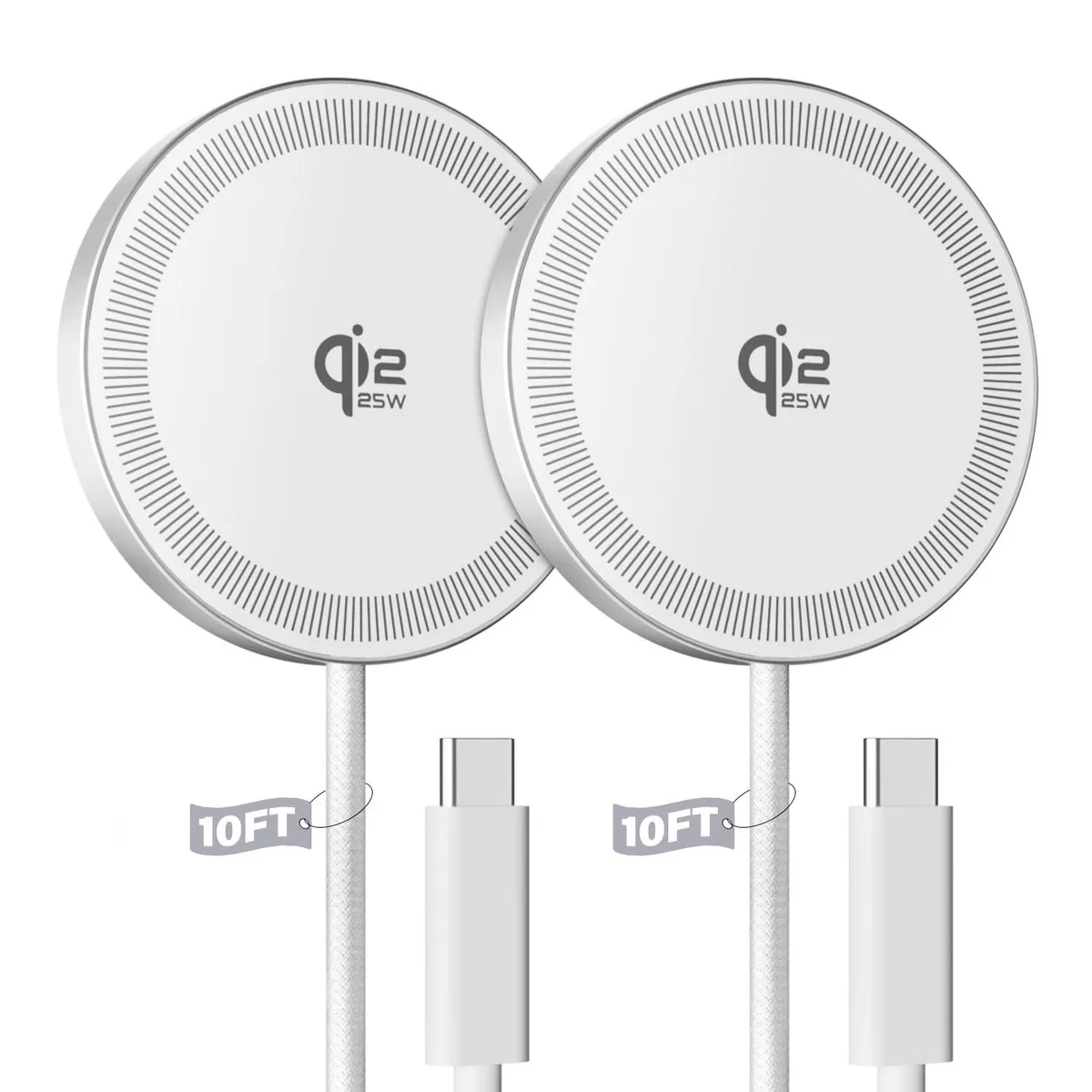Two white magnetic wireless charging pads with long cables
