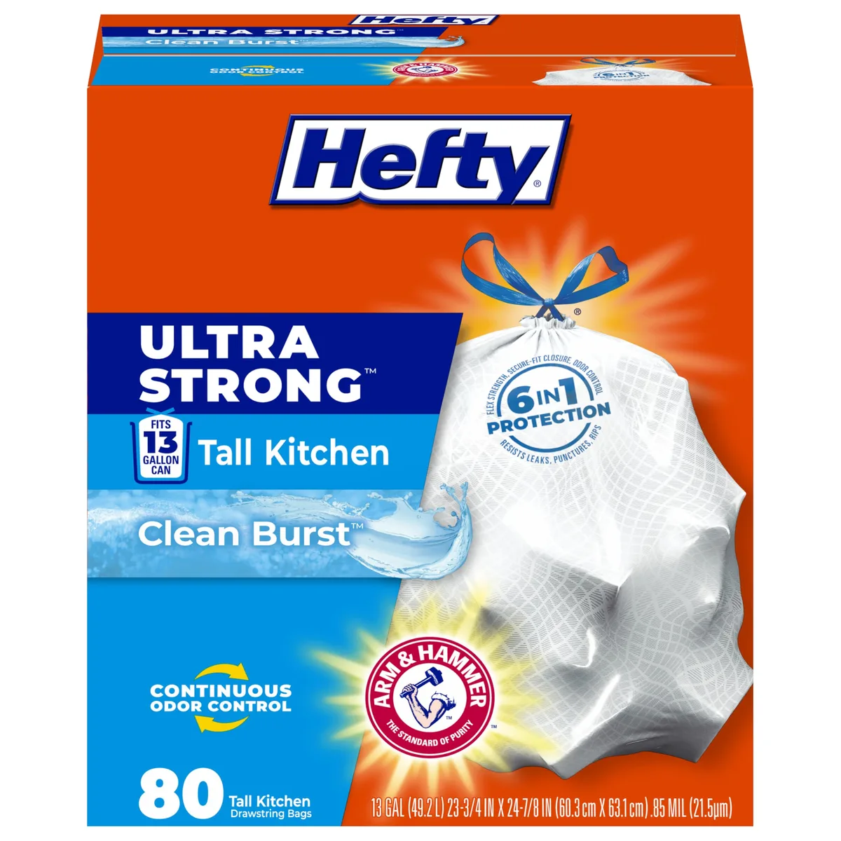 White box of 80 Hefty Ultra Strong 13 gallon trash bags