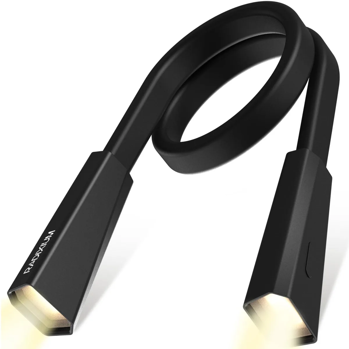 Black flexible silicone neck light with two bendable LED arms and USB-C port