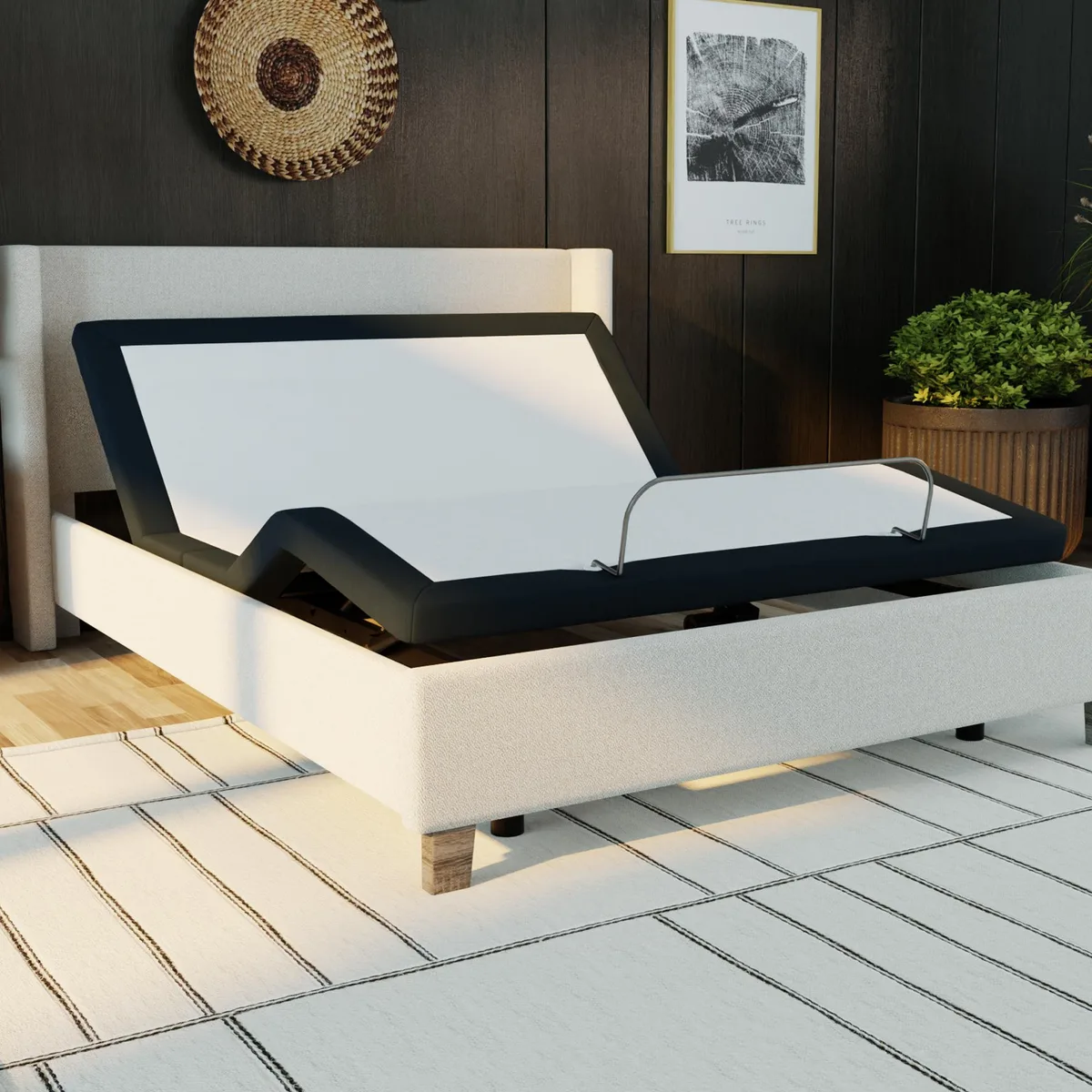 Grey metal adjustable bed base, queen size, zero clearance design