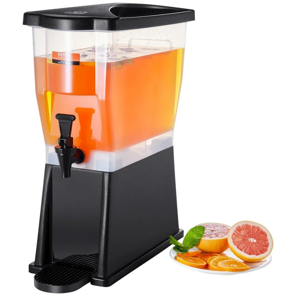 Clear 3-gallon plastic drink dispenser on black stand with spigot and lid