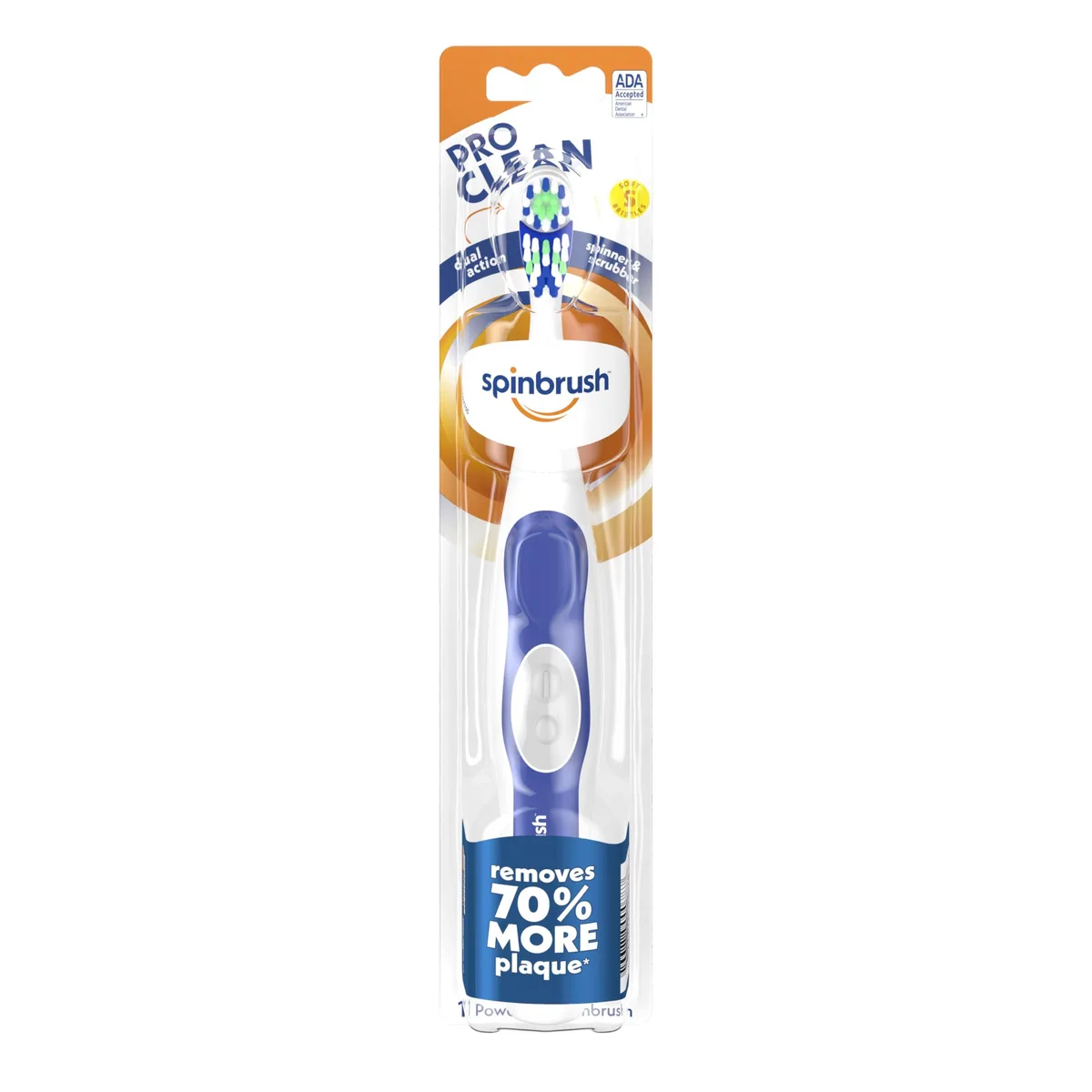Blue battery-powered toothbrush with dual-action brush head and soft bristles
