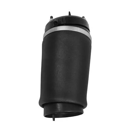 Black cylindrical rubber air spring with metal end caps and mounting hardware