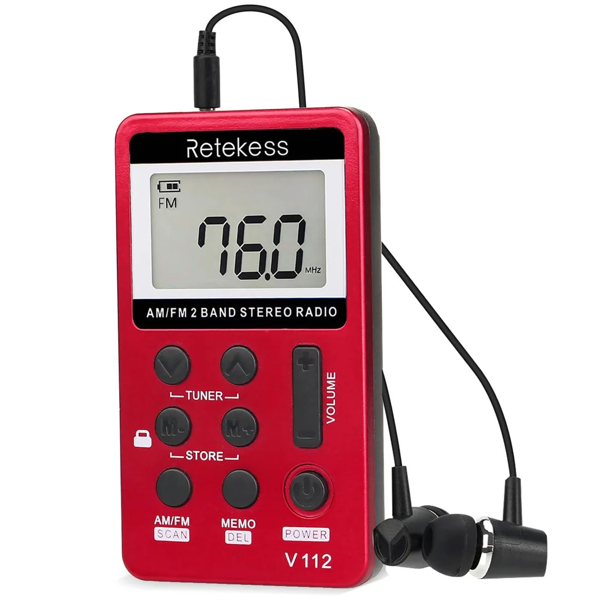 Red pocket radio, 3.3 by 1.8 by .5 inches, lightweight with headphones included