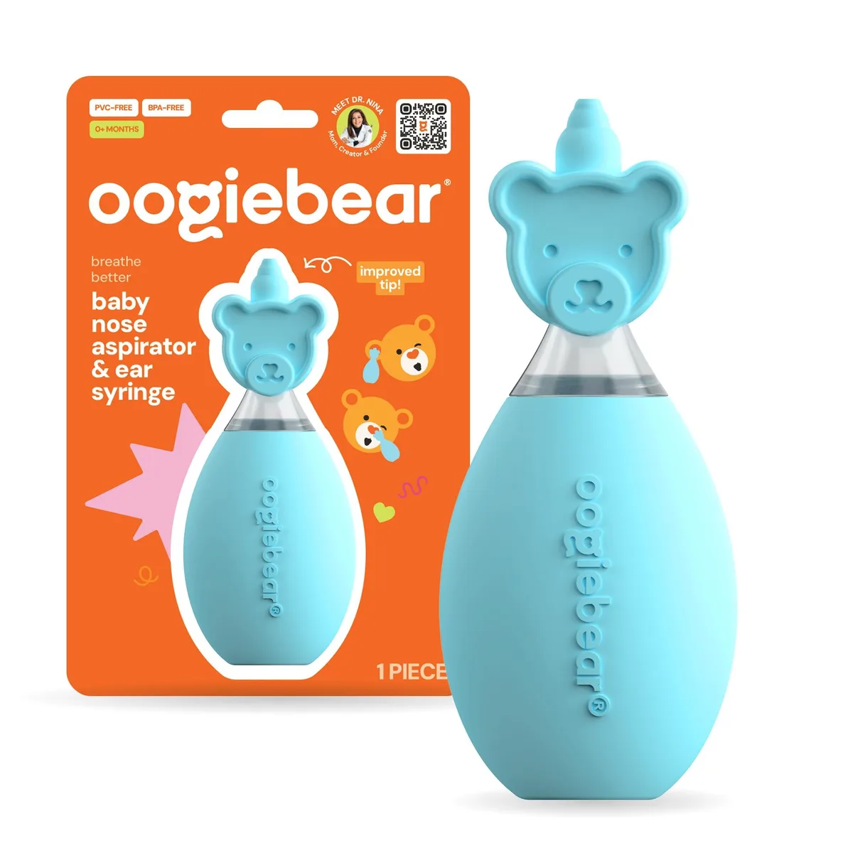 Blue rubber bulb aspirator with bear-shaped guard, detachable parts