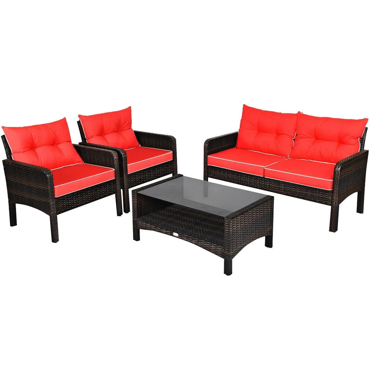 Red rattan wicker loveseat set with two chairs coffee table and cushions
