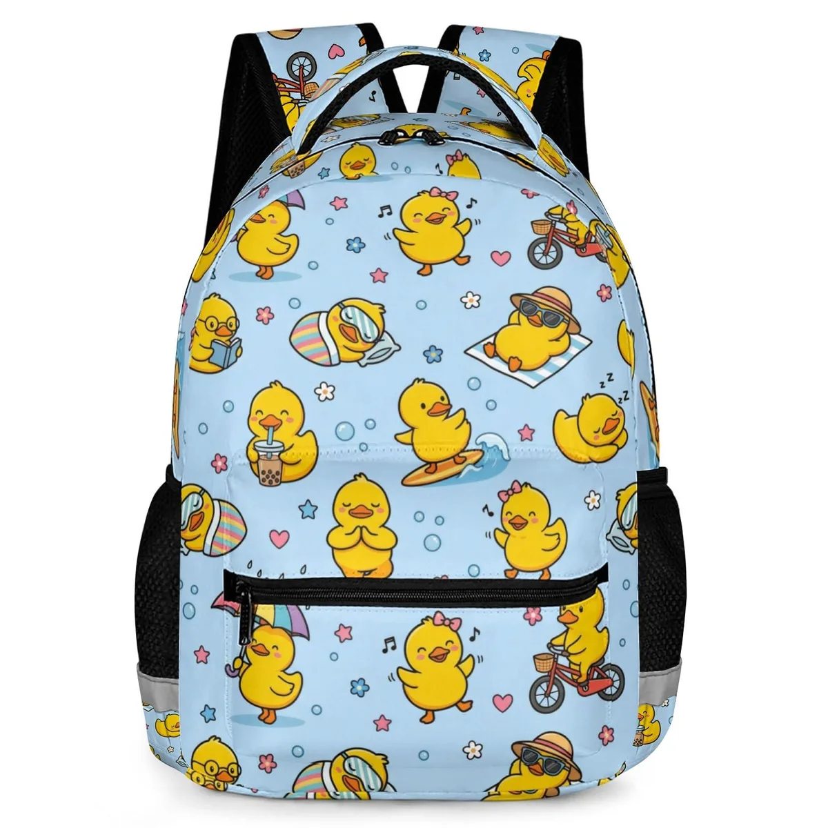 Yellow duck-print polyester backpack, 17 inches tall, boxy shape, reflective strip visible