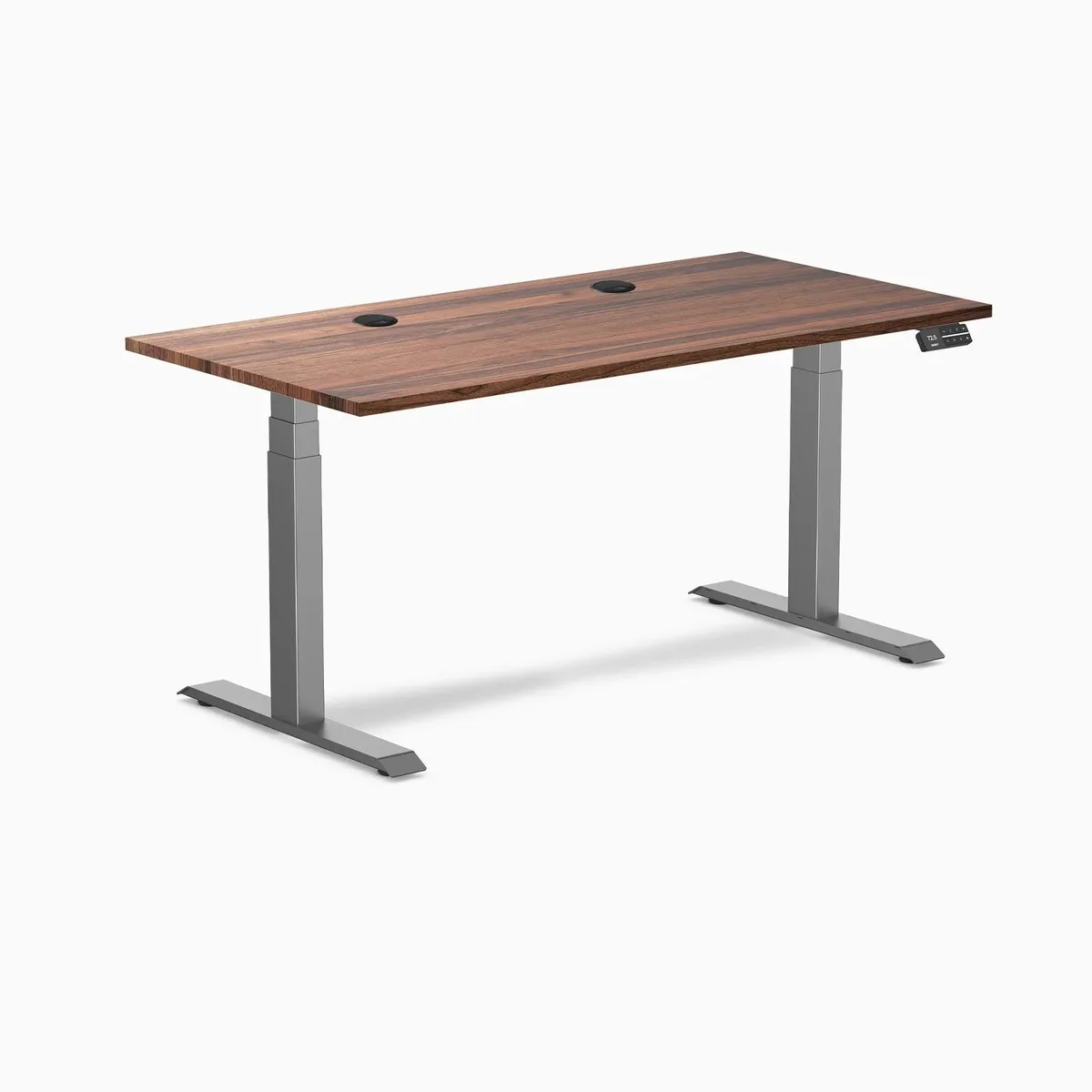 Desky Desky Dual Hardwood Sit Stand Desk Walnut 60 x 30 inches Grommets Space Grey office furniture — product photo