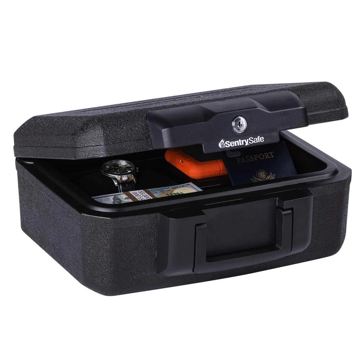 Black rectangular fireproof box with carrying handle and key lock