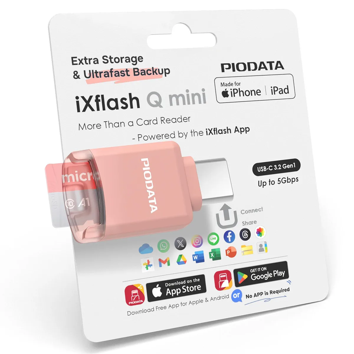 PIODATA PIODATA iXflash Q Mini USB-C MicroSD Card Reader Pink — product photo