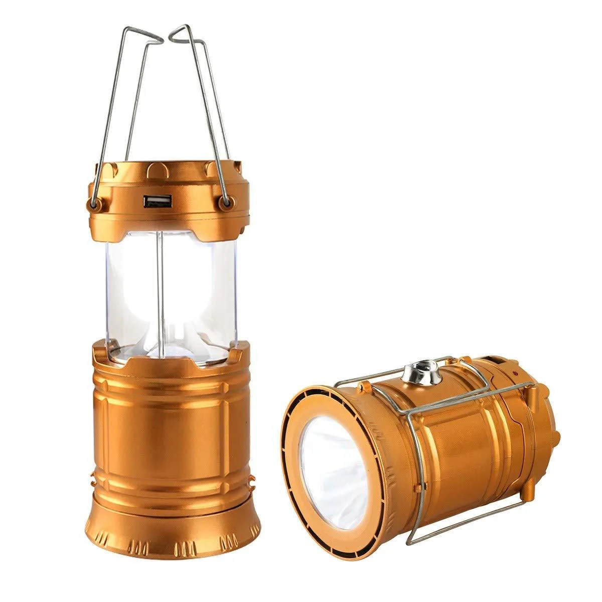 Black collapsible LED lantern flashlight with solar panel top and metal handles