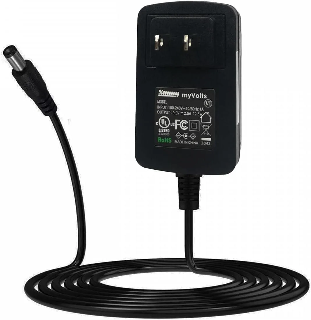 Black rectangular 9V power adapter with US two-pin plug and thin output cable