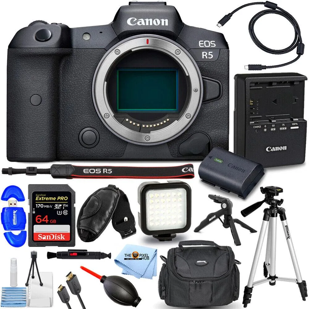 Canon International Canon International EOS R5 45MP compact mirrorless camera kit 64GB tripod 36 LED grip bag — product photo