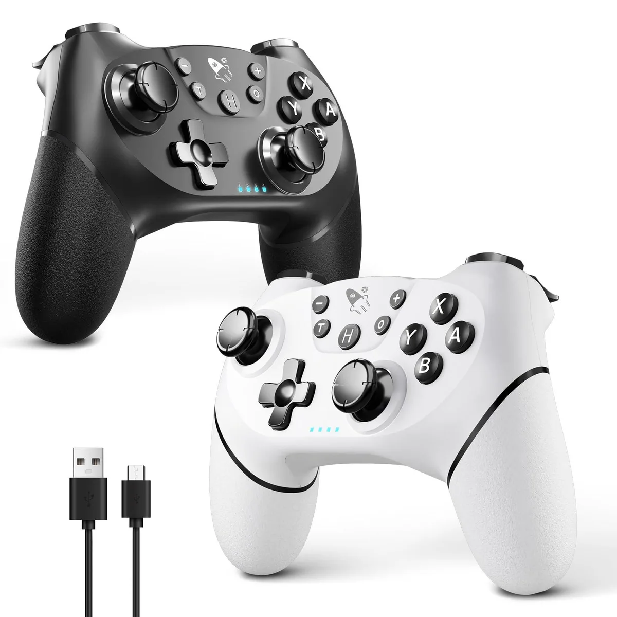 Two wireless gamepads in black and white finish