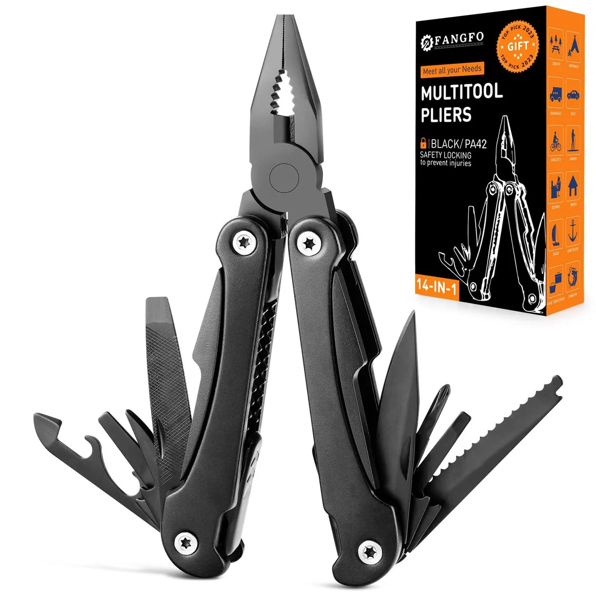 Compact black stainless steel multitool pliers with pocket clip, folded closed showing needle nose jaws and integrated tools