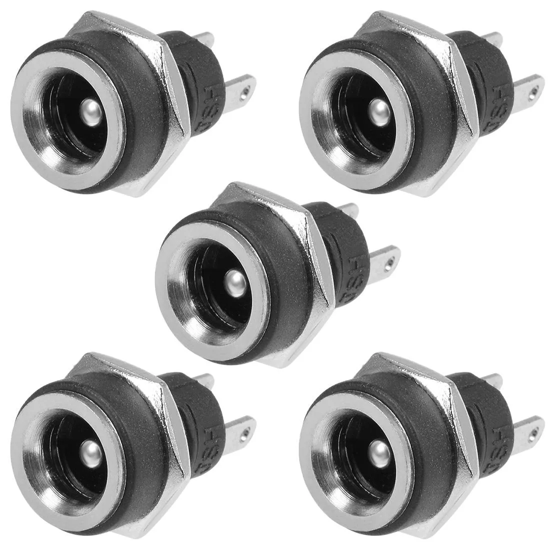 Five silver cylindrical DC power jack sockets with threaded barrels and mounting nuts