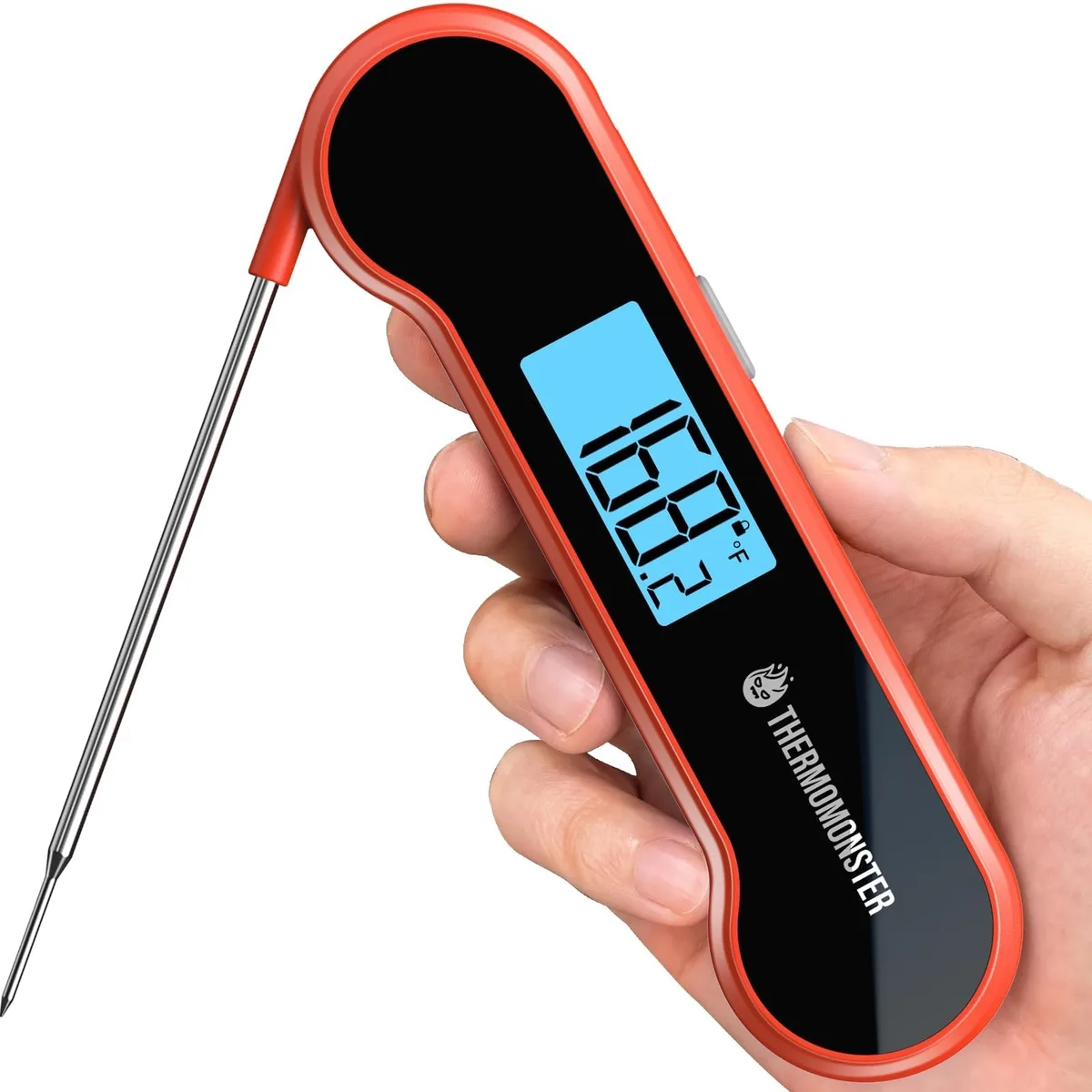 Red digital meat thermometer with long probe and large LCD display