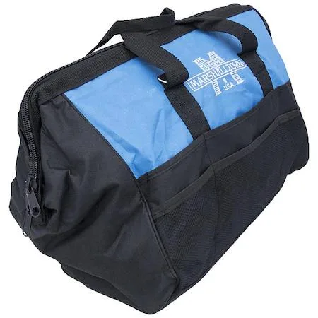 Black nylon tool bag with 19 pockets, reinforced bottom, zipper closure, two handles and adjustable shoulder strap
