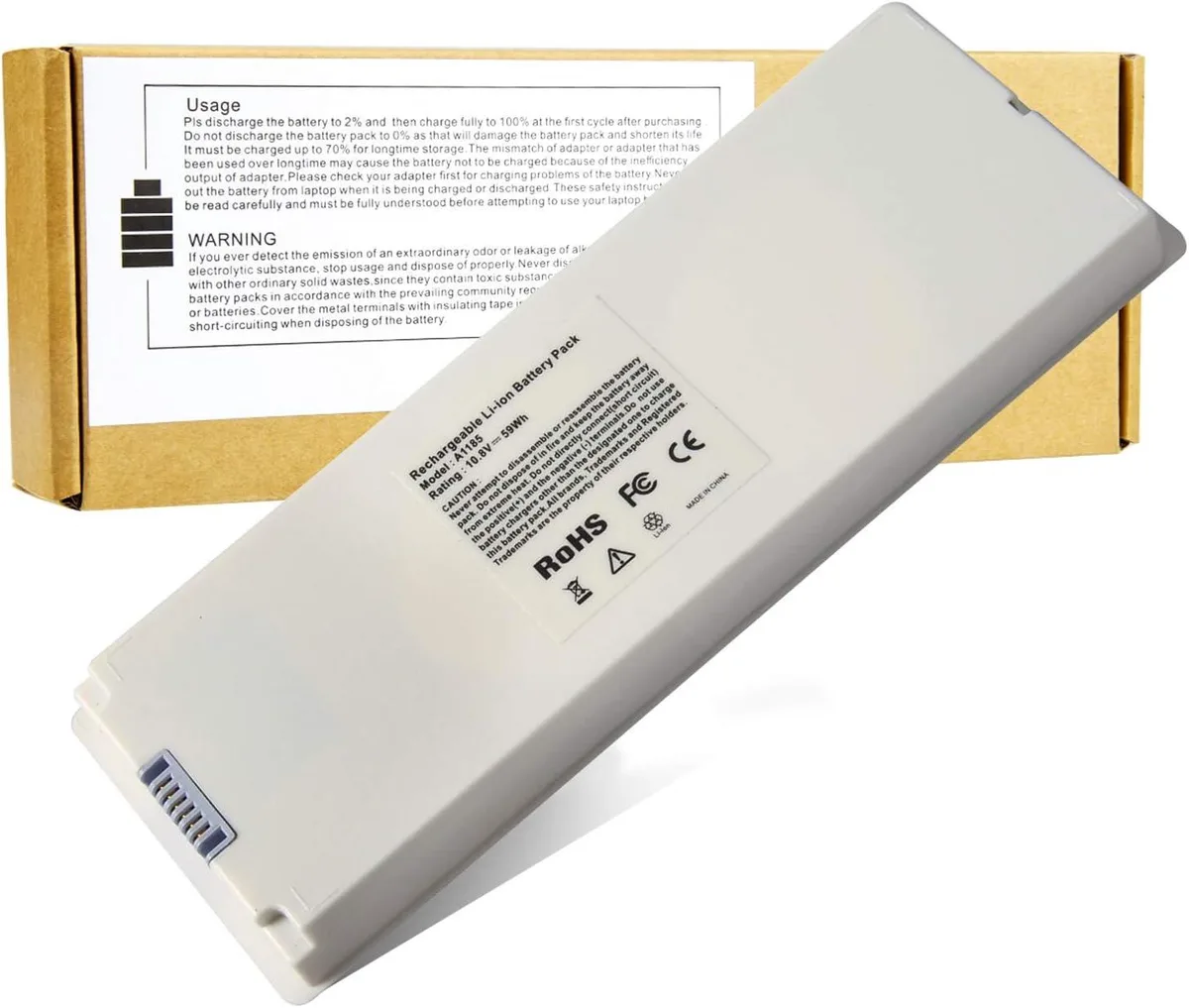 White rectangular laptop battery pack with six cells visible