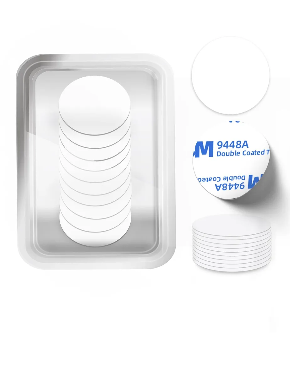 Ten round white NFC stickers 25mm diameter with adhesive backing