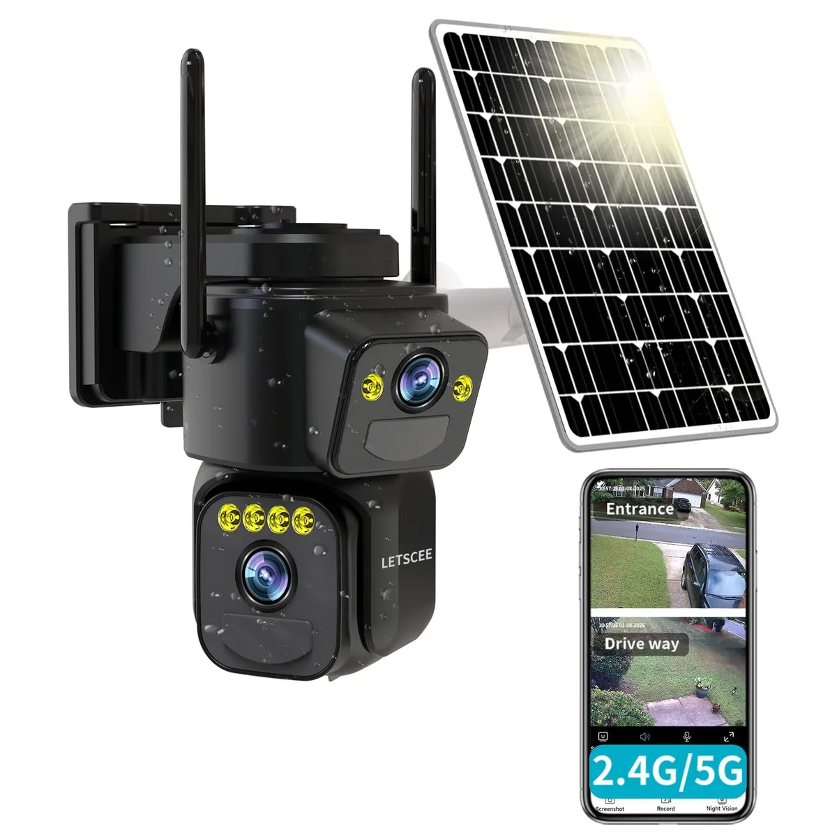  LETSCEE QG15-B dual-lens network camera 1296p 350° pan 90° tilt solar powered — product photo