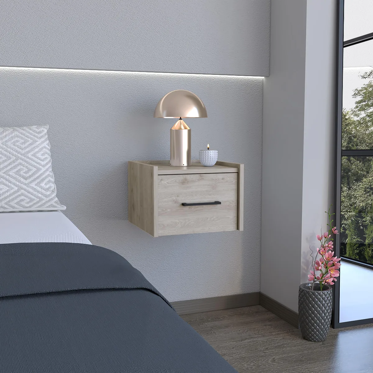 Light gray wall-mounted nightstand with single drawer and handle
