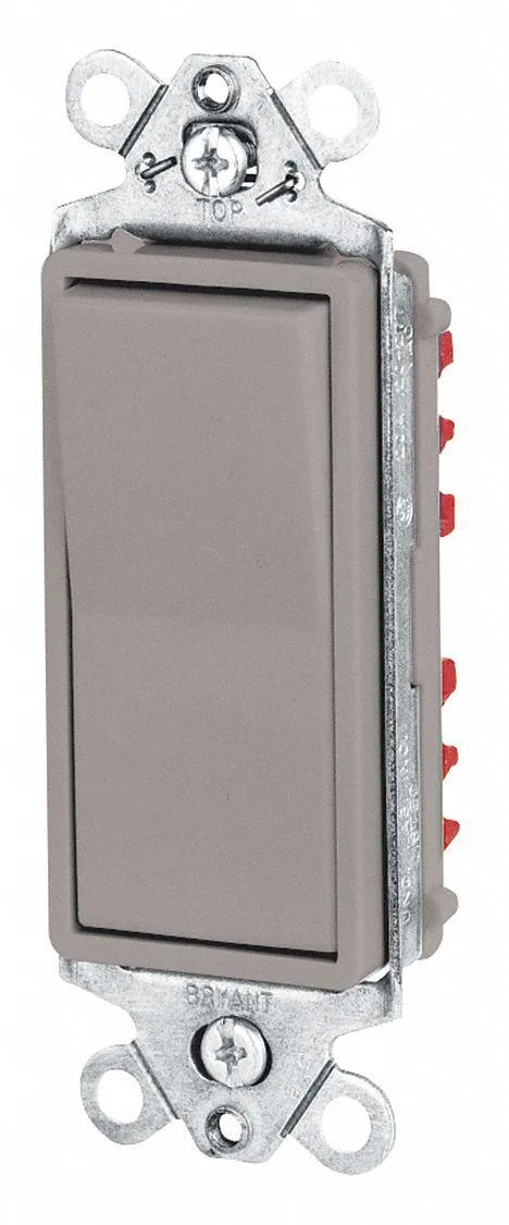 Gray rocker wall switch, rectangular, matte finish, single toggle, screw terminals visible