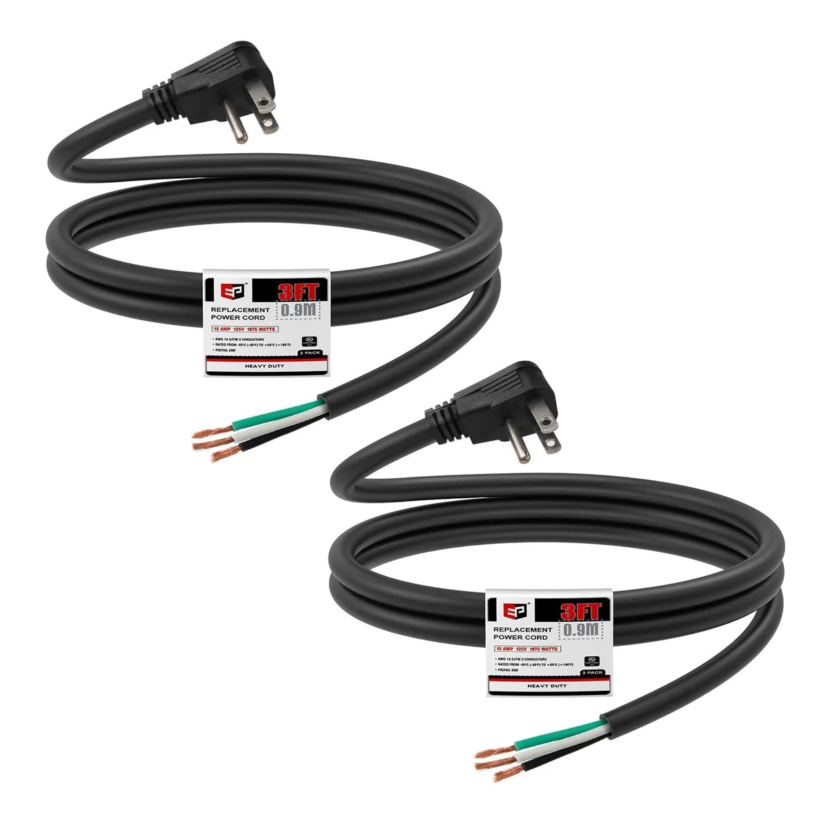  EP 14 AWG 3 ft power extension cord 2 pack flat plug pigtail end black — product photo