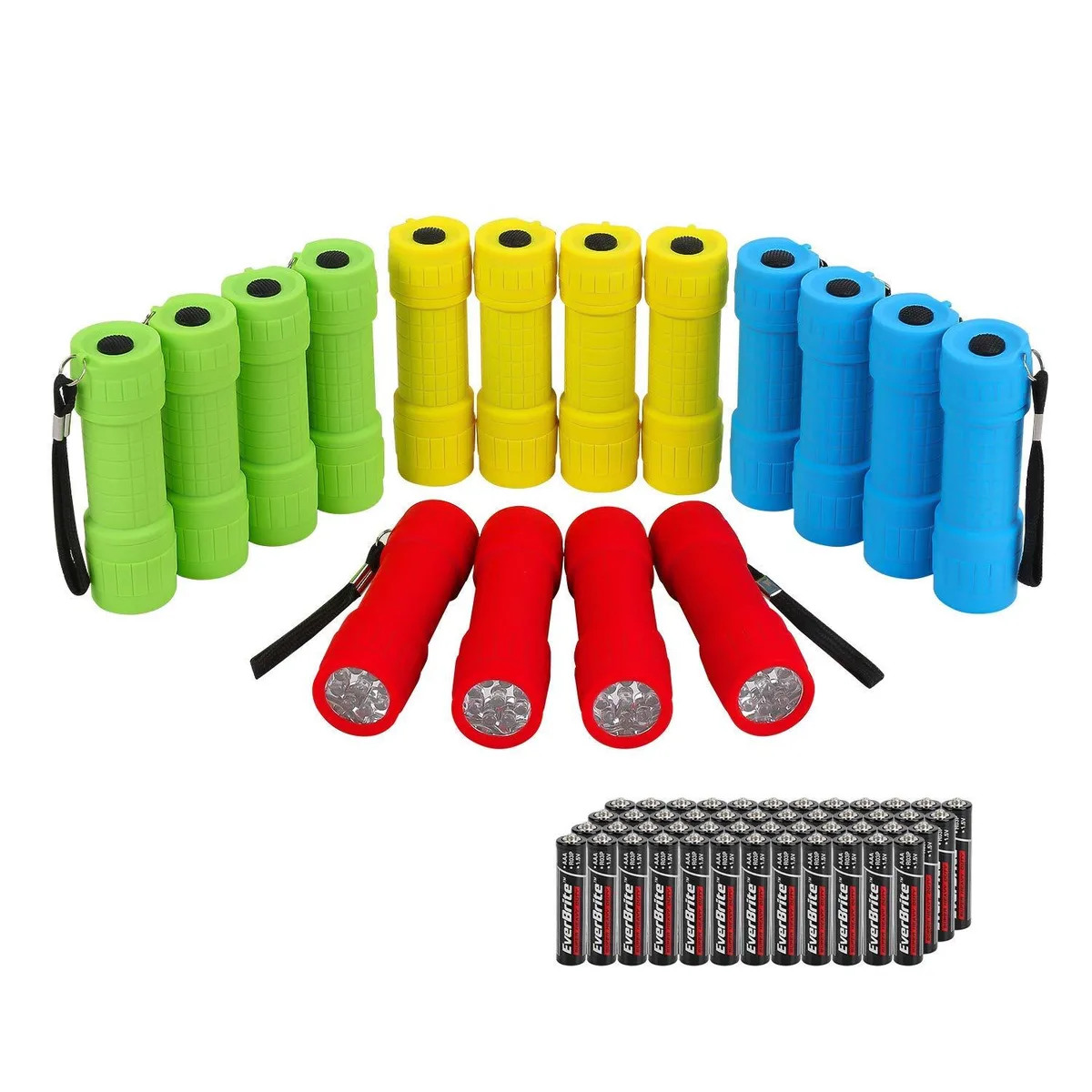 Sixteen small blue LED flashlights with rubber grips and forty-eight AAA batteries