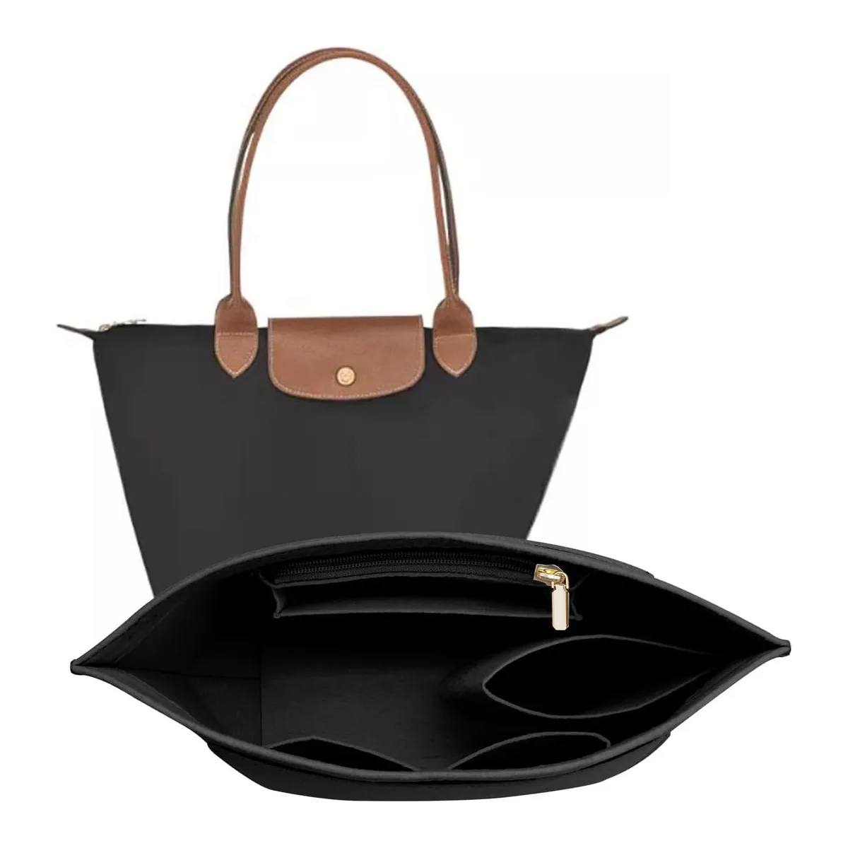 Black felt purse organizer insert with seven compartments and zippered pocket