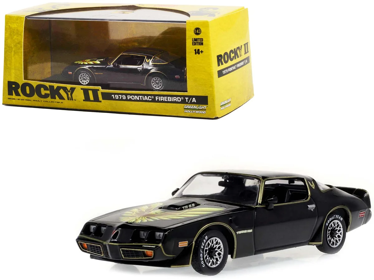 GREENLIGHT GREENLIGHT 1979 Pontiac Firebird T/A Trans Am Black with Hood Phoenix "Rocky II" 1/43 Diecast Vehicle 86616 — product photo