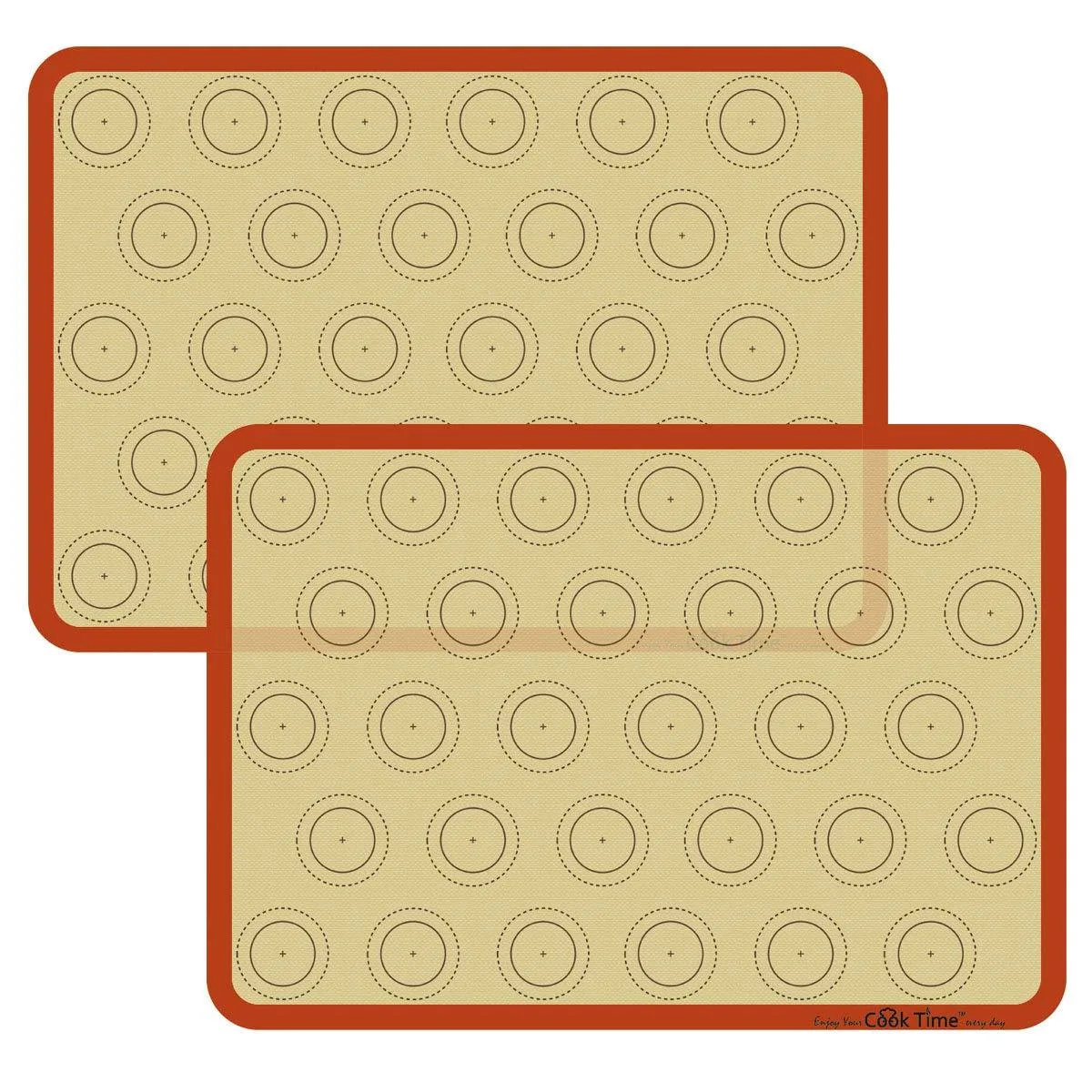 Two red silicone baking mats with printed macaron templates in two sizes